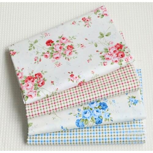 Pretty Brand New 50x40cm Red & Blue Rose Flowers & Square Printed Cotton Fabric Bundle For DIY sewing Doll Cloth