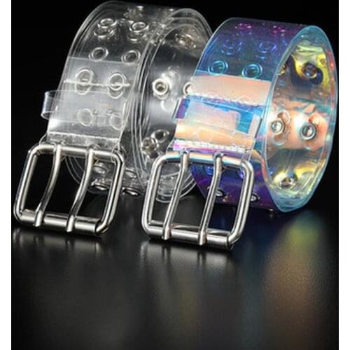 PVC Two Row Clear Belt For Women Fashion Pin Buckle Female White Waist Trousers Transparent Belts Ladies Jeans Grommet Belt