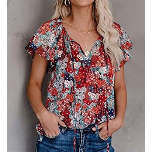 Sexy V-neck Short Sleeve Printed Shirt Women Clothes Summer Casual Tops And Blouses Loose Plus Size Pullover Street Blouse