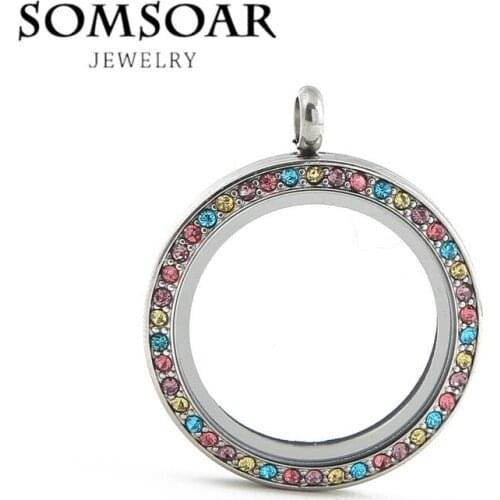 Somsoar Jewelry 30MM Silvering Twist with Colorful Crystal Floating Glass Locket Fit For DIY Charms