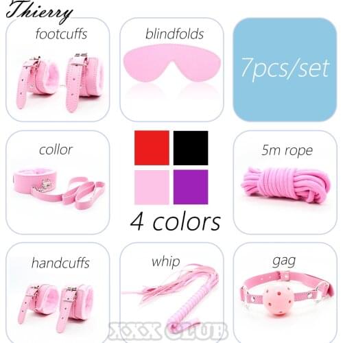 Thierry 7pcs Sex Bondage Kit Sexy Product Set Adult Games Toys Set Hand Cuffs Collar Whip Rope Gag Blindfold Couples Erotic Toys