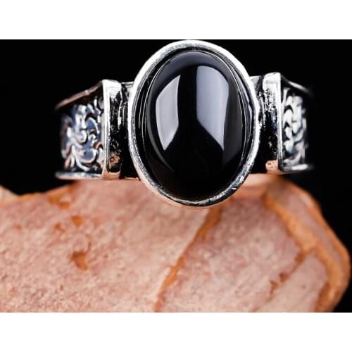 Vintage Black Oval Stone Ring Ancient Silver Color Engraved Rings for Women Anniversary Gift Charm Jewelry Accessories Wholesale