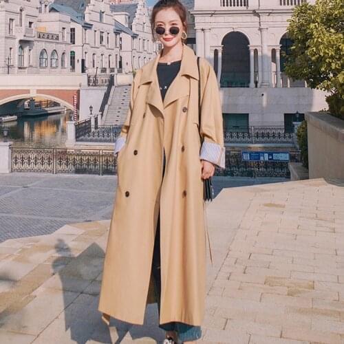 Womens Windbreaker Korean Long 2021 Spring Autumn New Khaki Double-breasted Straight Loose Quality High-end Solid Color Coat 1E