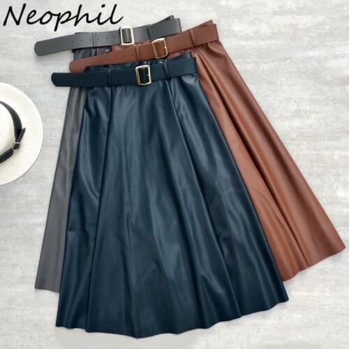 Neophil Vintage Women Latex Belt Long Skirts 78cm High Waist Black Saia Longa Swing Flare Pu Leather Winter A-Line Skirt S21760