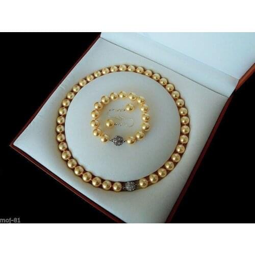 For women wedding fine -jewelry Rare 10mm Real South Sea Golden Shell Pearl Necklace Bracelet Earrings Set AAA choker