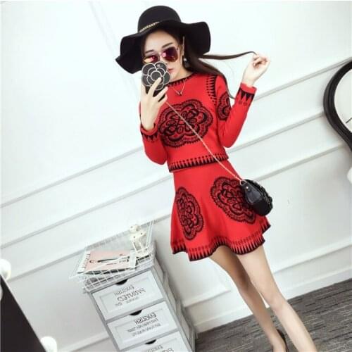 Womens Sweater Suit Winter New Style Korean Embroidered Sweater Half-Length Skirt Two-piece Suit/Sets