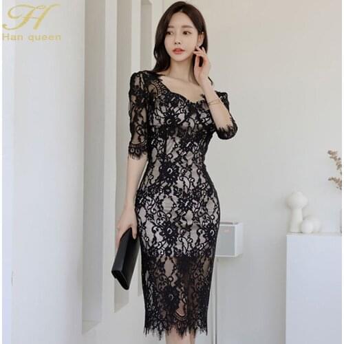 H Han Queen 2021 Summer Elegant Pencil Dress Womens Simple Slim Sheath Bodycon Sexy Lace Dresses Korean Office Party Vestidos