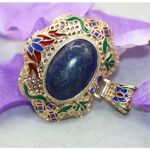45*55mm Natural Oval Lapis Lazuli Stone Pendant Elegant Enamel Antique Silver-color Gold-color Women Charms Jewelry B3042