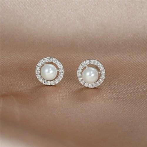 White Round Cute Small Pearl Stud Earrings For Women Wedding Jewelry Real 925 Sterling Silver Crystal Zircon Engagement Earrings