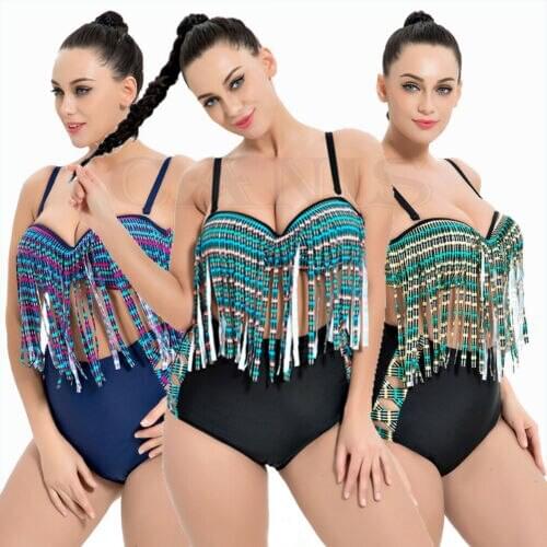 Plus Size Women Monokini Bikini Two Piece Sets Ladies Sexy Summer Tassels Vintage Swimwear Bathing Suit Beachwear Swimsuit