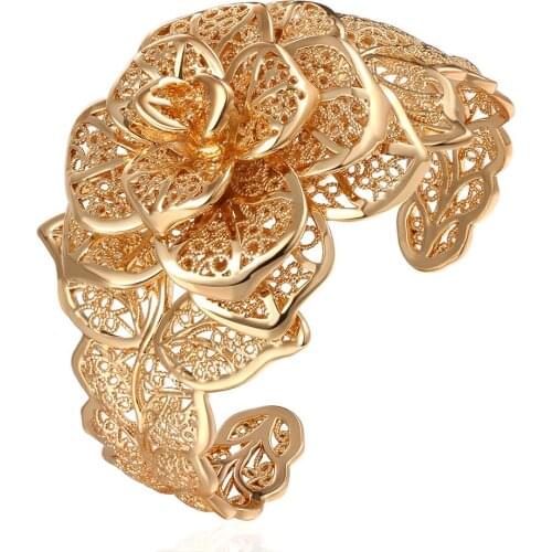 Filigree Flower Cuff Bangle Yellow Gold Filled Fashion Womens Bangle Bracelet Wedding Jewelry Gift