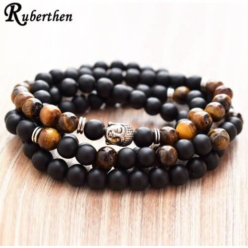 Ruberthen A Grade Tiger Eye 108 Mala Bracelet Natural Matte Black Onyx Buddha Head Bracelet 4 Wrap Chakra Yoga Bracelet