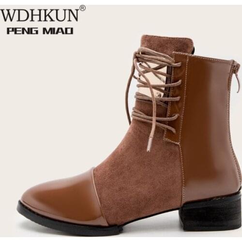 WDHKUN Brand fashion PU leather womens motorcycle boots Autumn leather Lace-Up Ankle boots Female winter snow boots 35-43