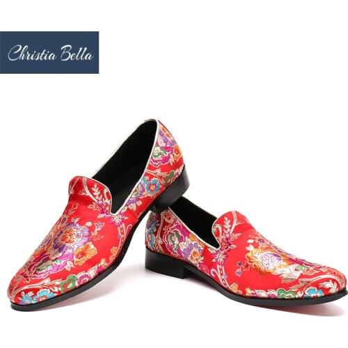 Christia Bella Classic Chic Mens Genuine Leather Dress Shoes Floral Printed Pointy Toe Slip on Loafer Shoes Smoking Slippers
