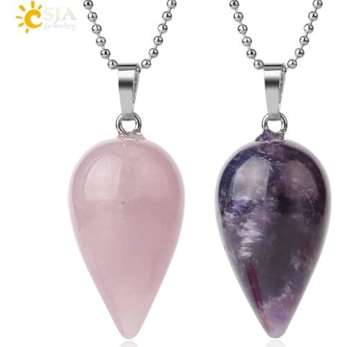 CSJA Natural Stone Teardrop Pendant Necklace Pointed Water Drop Healing Pink Quartz Lapis Crystal Women Men Fashion Jewelry G402