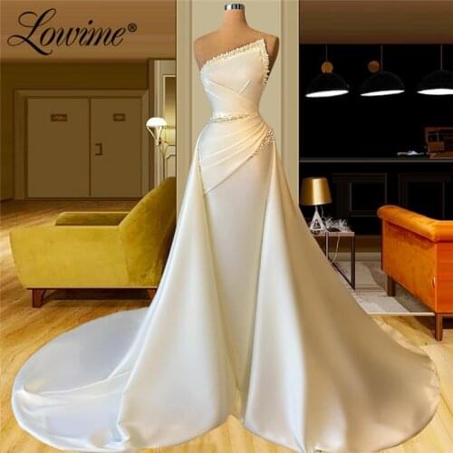Lowime Ivory Long Party Dress Pearls Beaded Mermaid Prom Dresses 2021 Dubai Strapless Formal Evening Gowns Plus Size Party Dress