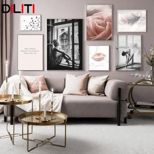 Pink Rose Flower Canvas Painting Art Window Ballet Girl Wall Pictures Nordic Feather Lips Posters and Prints Home Decoration