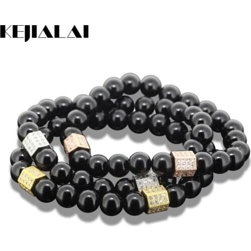 KEJIALAI 1pcs Natural Round Black Stone Beads Men Necklace Zinc Alloy Charm Cz Beads Women Necklace Adjustable CST921