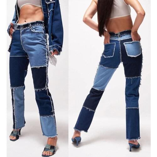 Fashion Variegated Patchwork Jeans Woman Autumn Casual High Waisted Tassel Side Denim Trousers Female Loose Straight Leg Jeans