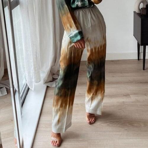 Ardm Fashion Za Woman 2021 Tie Dye Print Casual Straight Pantalones De Mujer Vintage Wide Legs Pant Loose Waist Elastic Trousers