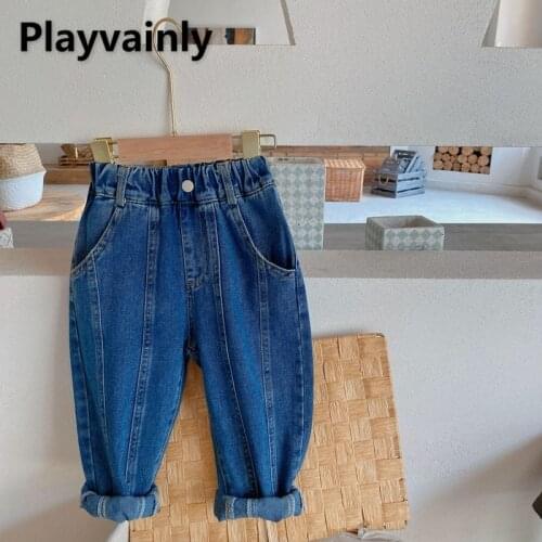 2021 Korean Style New Autumn Boy Girls Pants Elastic Waist Dark Blue Smile Haren Trousers Loose Casual Simplicity Clothes E6186