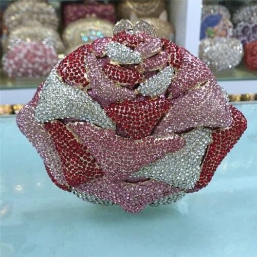 New Fashion Crystal Clutch Evening Bag for Women Metal Floral Fashion Crossbody Bag Metal Mini Shoulder Chain Purse Handbags