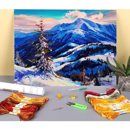 Landscape Frosty Day Printed Fabric 11CT Cross-Stitch Set Embroidery DMC Threads Craft Handiwork Sewing Painting Decor