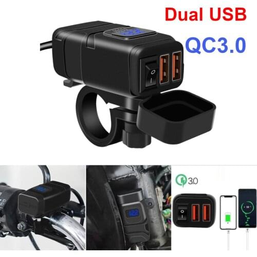 QC 3.0 Motorcycle Dual USB Quick Charge Socket 12V Power Supply Charger Adapter with LED Voltmeter On Off Switch for Car ATV