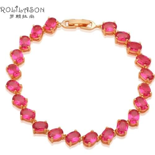 ROLILASON Fantastic Rose red Crystal zircon Golden Charm bracelets Wedding Anniversary Fashion jewelry TB844