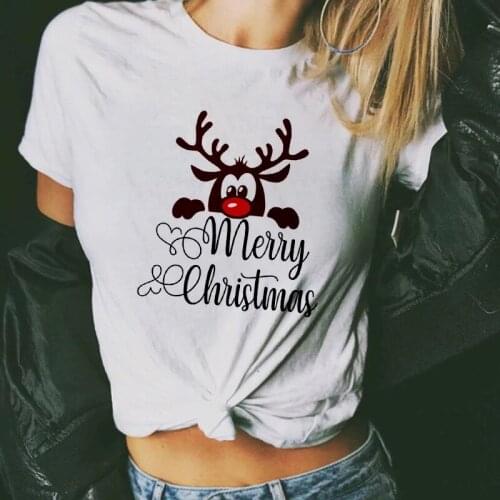 Harajuku Christmas Ladies Tee Cute Santa Claus and Reindeer Print T-Shirt Women Loose Casual New All Seasons Streetwear Tops