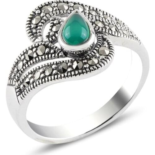 Silver 925 Sterling Green Agate & Marcasite Ring