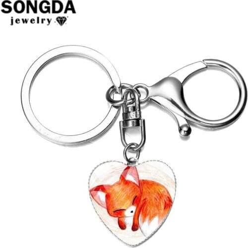 SONGDA Anime Little Fox Keychain Cute Mini Crystal Glass Dome Heart Pendant Key Chain Best Friend Gift Car Purse Key Ring Holder