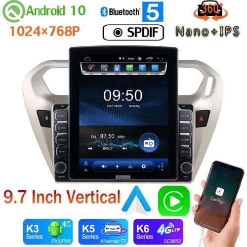 SPDIF Nano+IPS 9.7" Vertical Tesla Android 10 Car Media Radio GPS PX6 4+64G For Citroen Elysee Peugeot 301 2013-2017 360 Camera