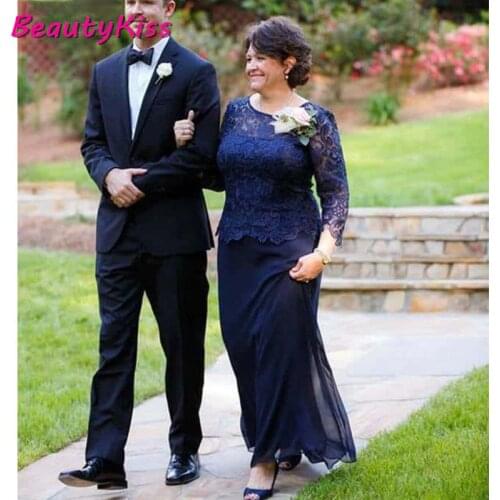 Navy Blue Mother Of The Bride Dresses Plus Size A-line Long Sleeve Chiffon Lace Long Groom Mother Dresses Guest Wear For Wedding