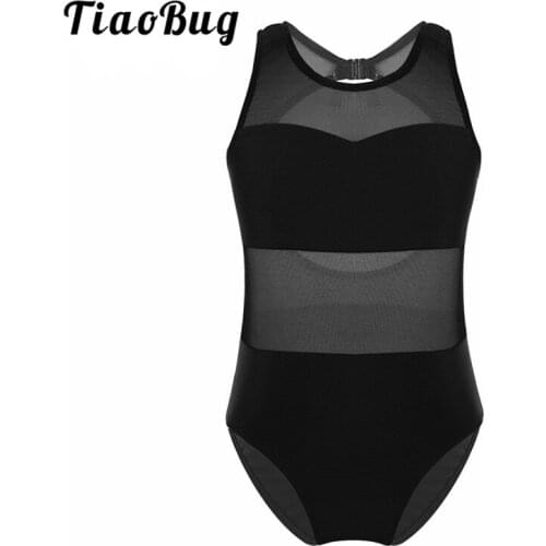 TiaoBug Kids Teens Mesh Splice Cutout Ballet Dance Leotard Girls Gymnastics Leotard Professional Ballerina Costume Dance Wear