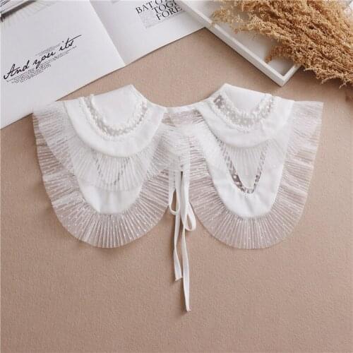 Women Embroidery Hollow Lace Flower Neckline Neckwear Tie Bandage Fake Collar Detachable False Collar Removable Lapel Blouse Top