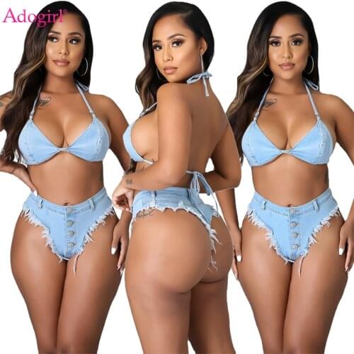 Adogirl Women Sexy Jeans Bikini Set Two Piece Suit Lace Up Bra Top Button Fly Tassel Triangle Denim Shorts Female Swimwear
