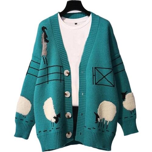 AZYT 2020 Autumn Winter New Women Cardigan Jacket Cartoon Print Knit Sweater Coat Korean Loose Soft Knitwear Cardigan Mujer
