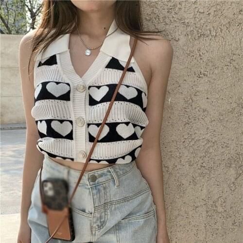 Love Printed Knitted Vest Women Sexy Retro Sleeveless Turndown Collar Single-breasted Cardigan Vest Top 2021 Spring Summer New