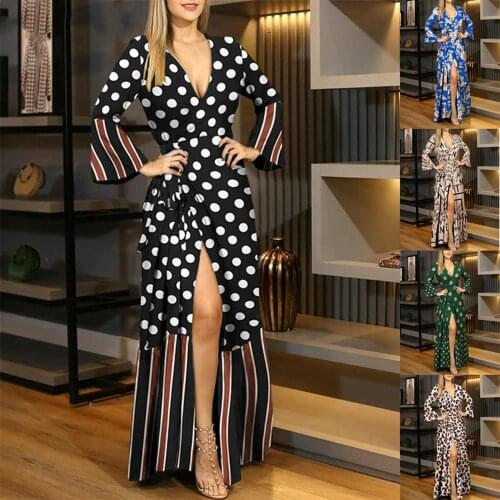 Women Dot Floral Print Split Maxi Sexy Deep V Neck Ruffles Lace Up Wrap Party Long Robe Elegant Femme Dresses Autumn
