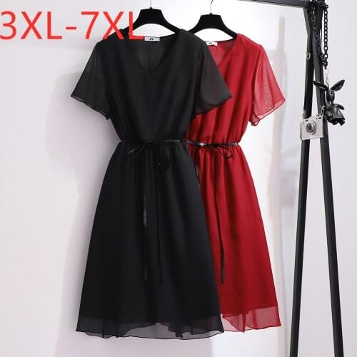 New 2021 summer plus size dress for women large loose casual black red chiffon elegant V neck dresses belt 3XL 4XL 5XL 6XL 7XL