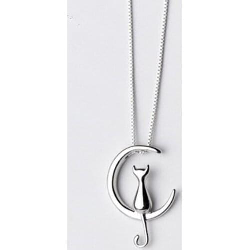100% Real Pure Silver Color Jewelry Vintage Korean Long Cat Moon Necklaces For Women Wedding Kolye Collares