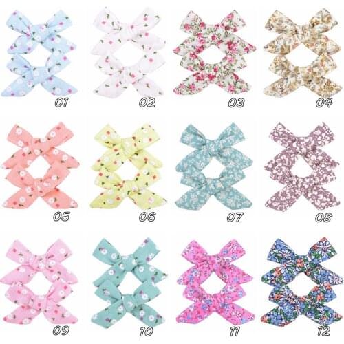 2 pcs/lot, Floral print Cotton Linen Schoolgirl Bow hair clips, Handtied Hair Bow Clips, Baby shower gift