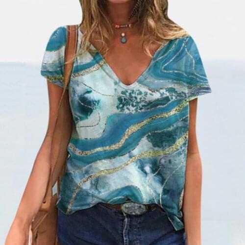 2021 Summer Women Cotton Tops Plus Sizes Tees Femme Beach Wave Print T Shirts Harajuku Loose V Neck Sexy Boho T-shirts #LR3