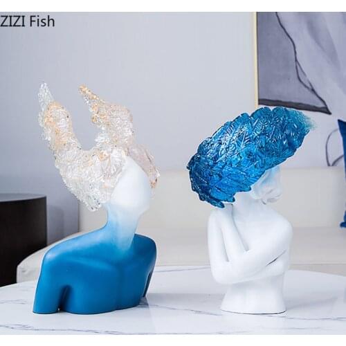 Blue Wings Abstract Figures Resin Figurines Desk Decor Ornaments Nordic Creativity Character Sculpture Living Room Decoration