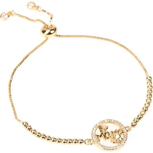 EYIKA Gold Letter MaMa Resizable Bracelet With Metal Beads Chain White Zircon Butterfly Round Pulseras Mujer for Mother Gift