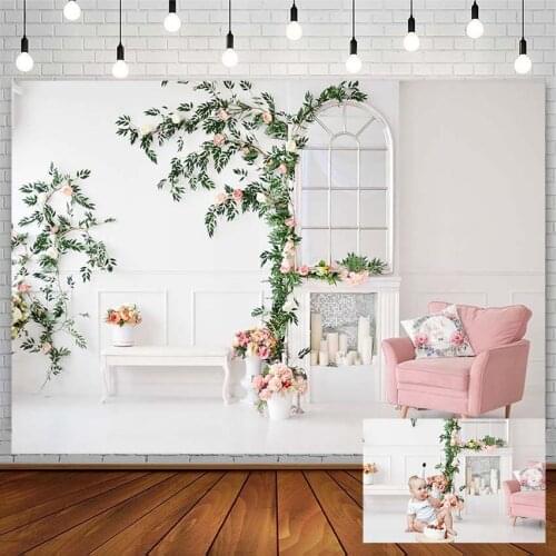 Cake Smash Backdrop Newborn Happy Birthday Party Fireplace Pink Flowers Sofa Photography Background Photo Studio Photozone Decor
