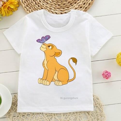Little Lion Kiss Butterfly Graphic Print T-shirt for Boys T Shirt Funny Cute Kids Clothes Summer Casual Vogue Girls T-shirt Tops