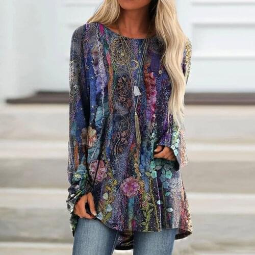Spring Long Shirts For Women Casual Ladies Tops Flower Print T Shirt O Neck Long Sleeve Loose Tee Women T-shirt Plus Size