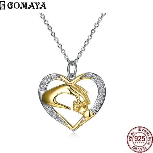 GOMAYA 925 Sterling Silver Heart Shape Unique Pendant Exquisite Women Necklace Inlaid Zircon Fine Jewelry For Mothers Day Gift